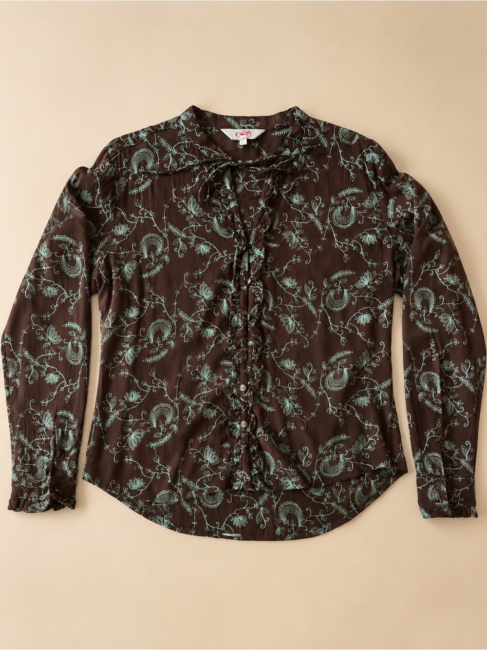 ROPER Embroidered Western Ruffle Blouse/Brown Turquoise Cowgirl Boho - Picture 2 of 6
